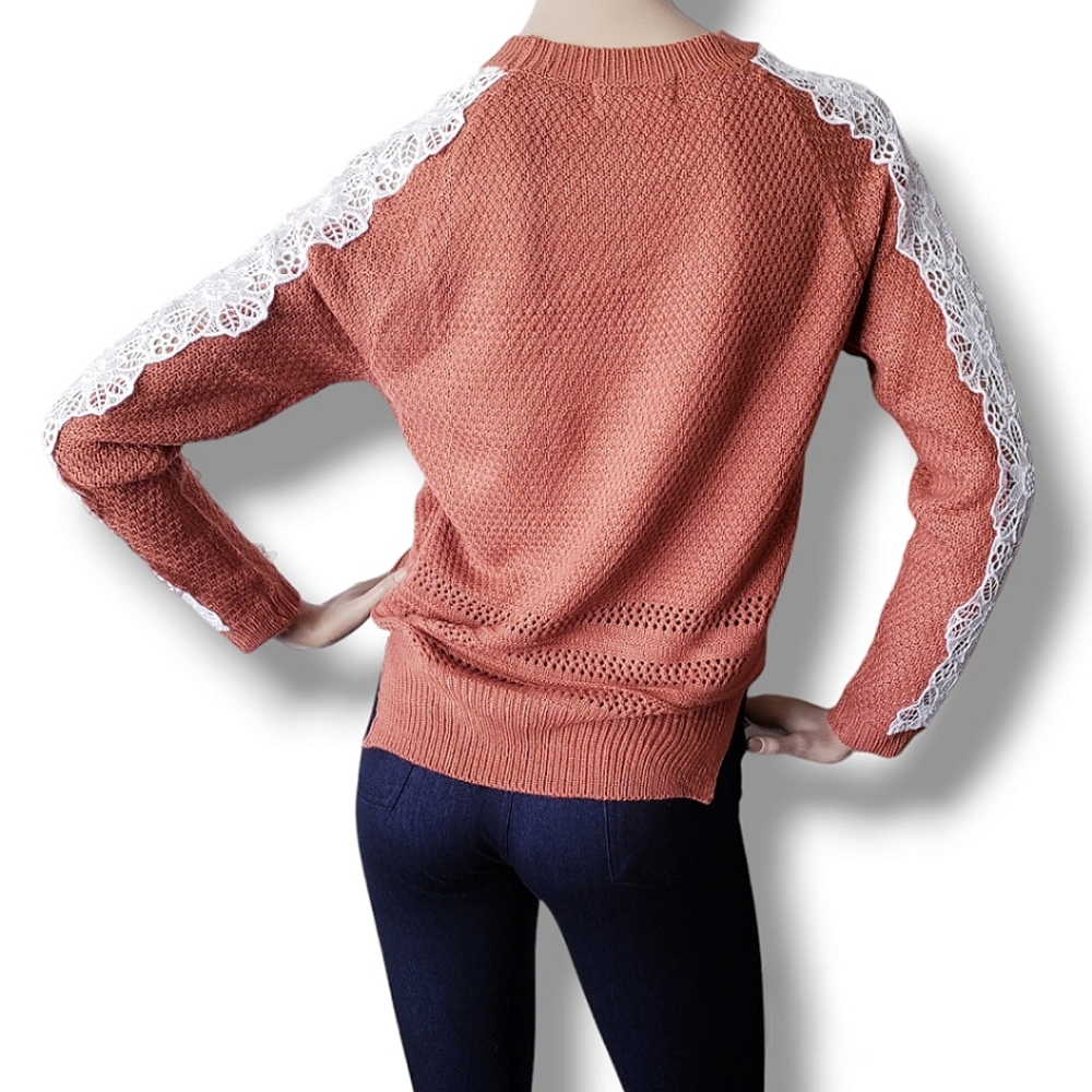 Listicle Rust Orange & White Lace Sleeve Knit Sweater - Picture 6 of 8